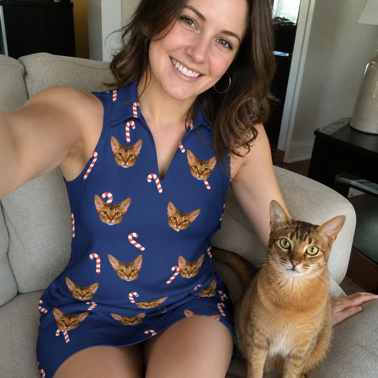Selfie with the pet whose face is printed all over this Women's Peppermint Pizzazz Custom Cat Face V-Neck Dress
