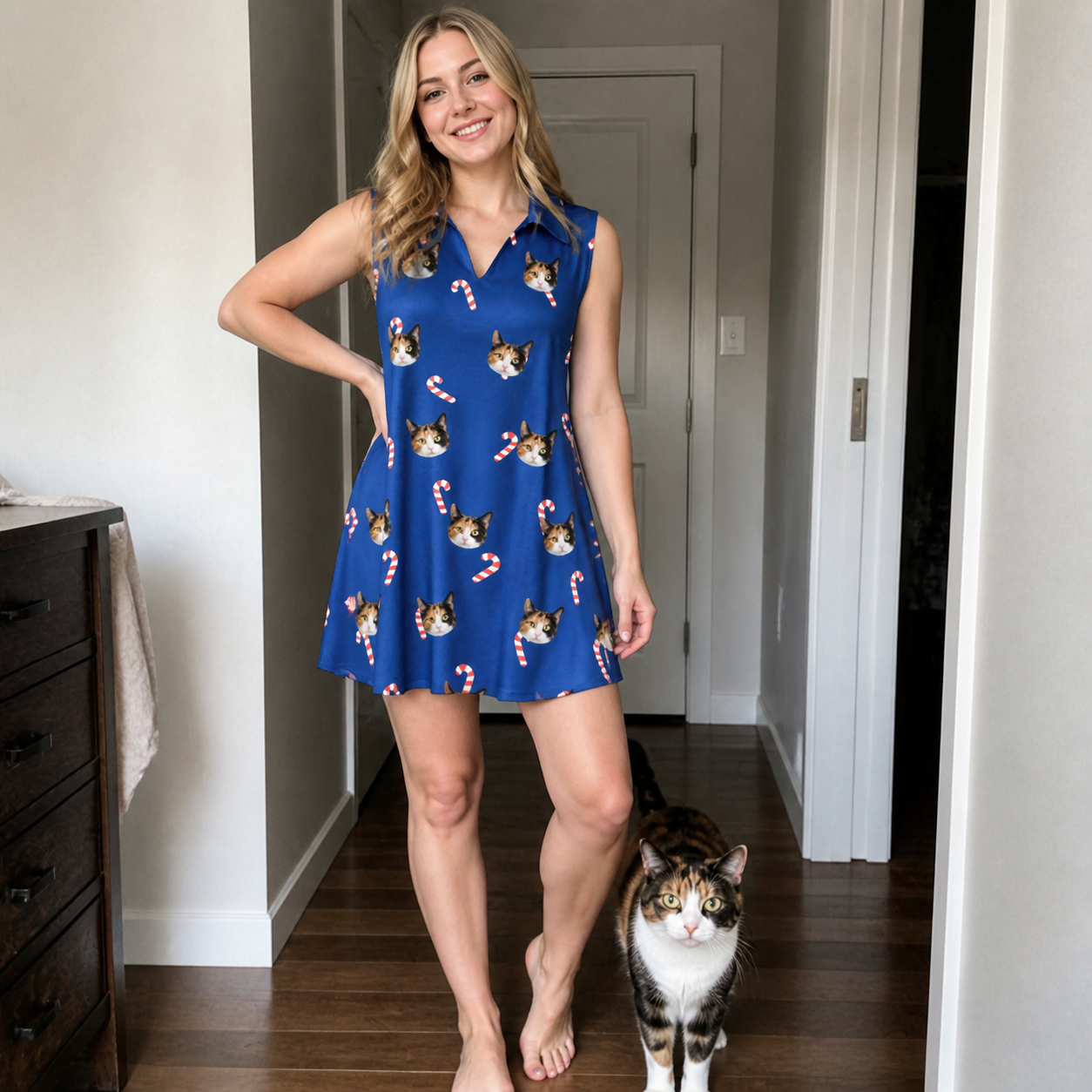 Full-length photo with the pet printed all over this Women's Peppermint Pizzazz Custom Cat Face V-Neck Dress