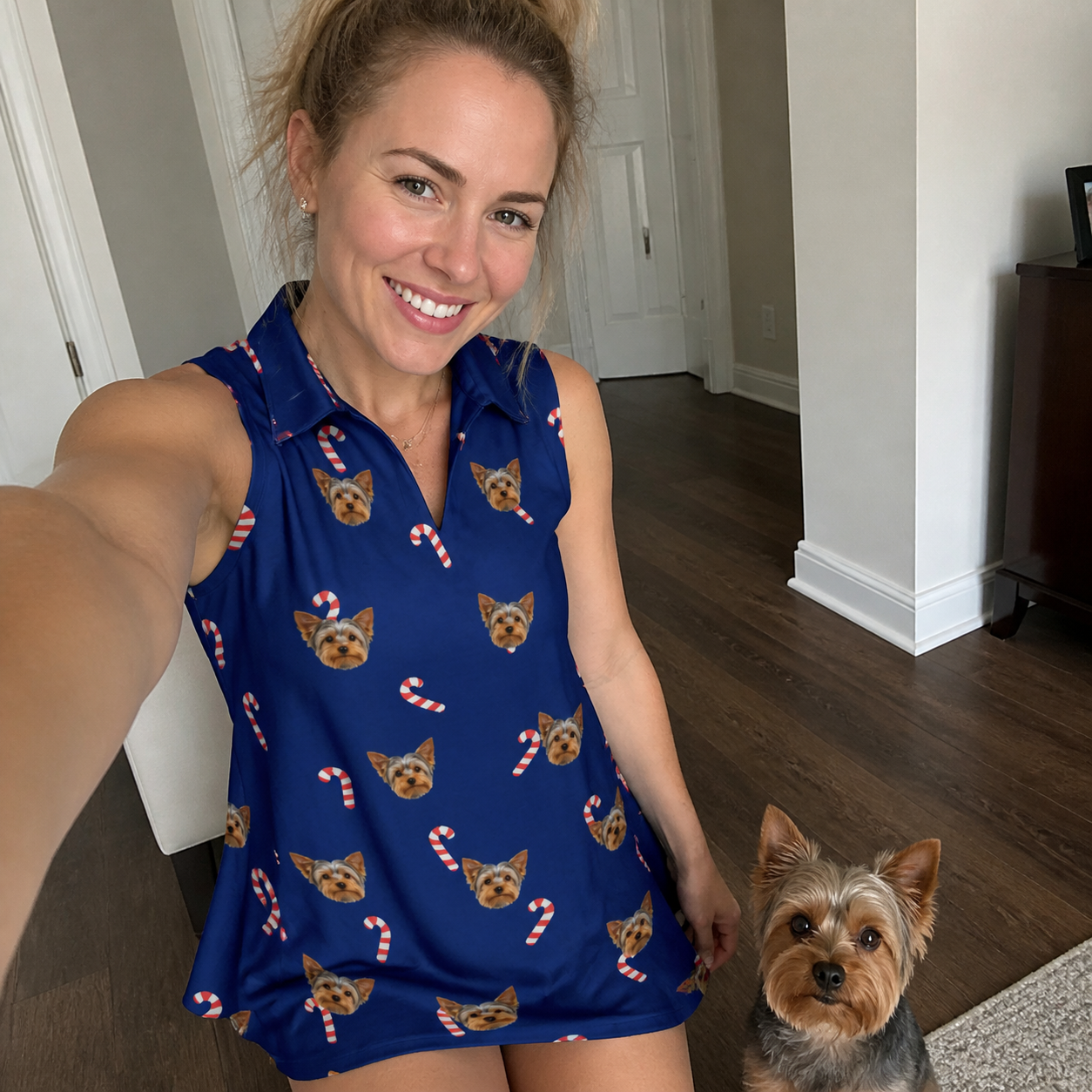 Selfie with the pet whose face is printed all over this Women's Peppermint Pizzazz Custom Dog Face V-Neck Dress