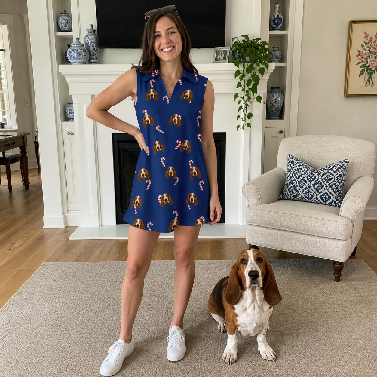 Full-length photo with the pet printed all over this Women's Peppermint Pizzazz Custom Dog Face V-Neck Dress
