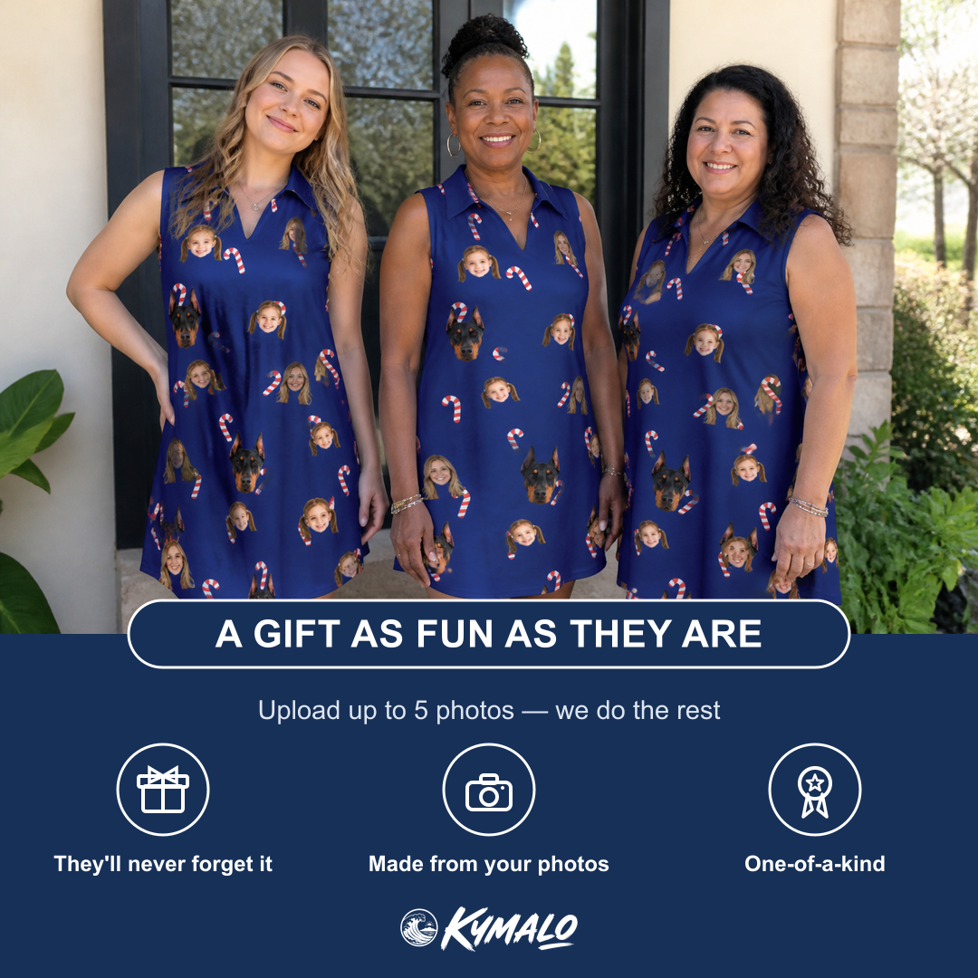 Friends in matching Women's Peppermint Pizzazz Custom Face V-Neck Dress — a group gift photo