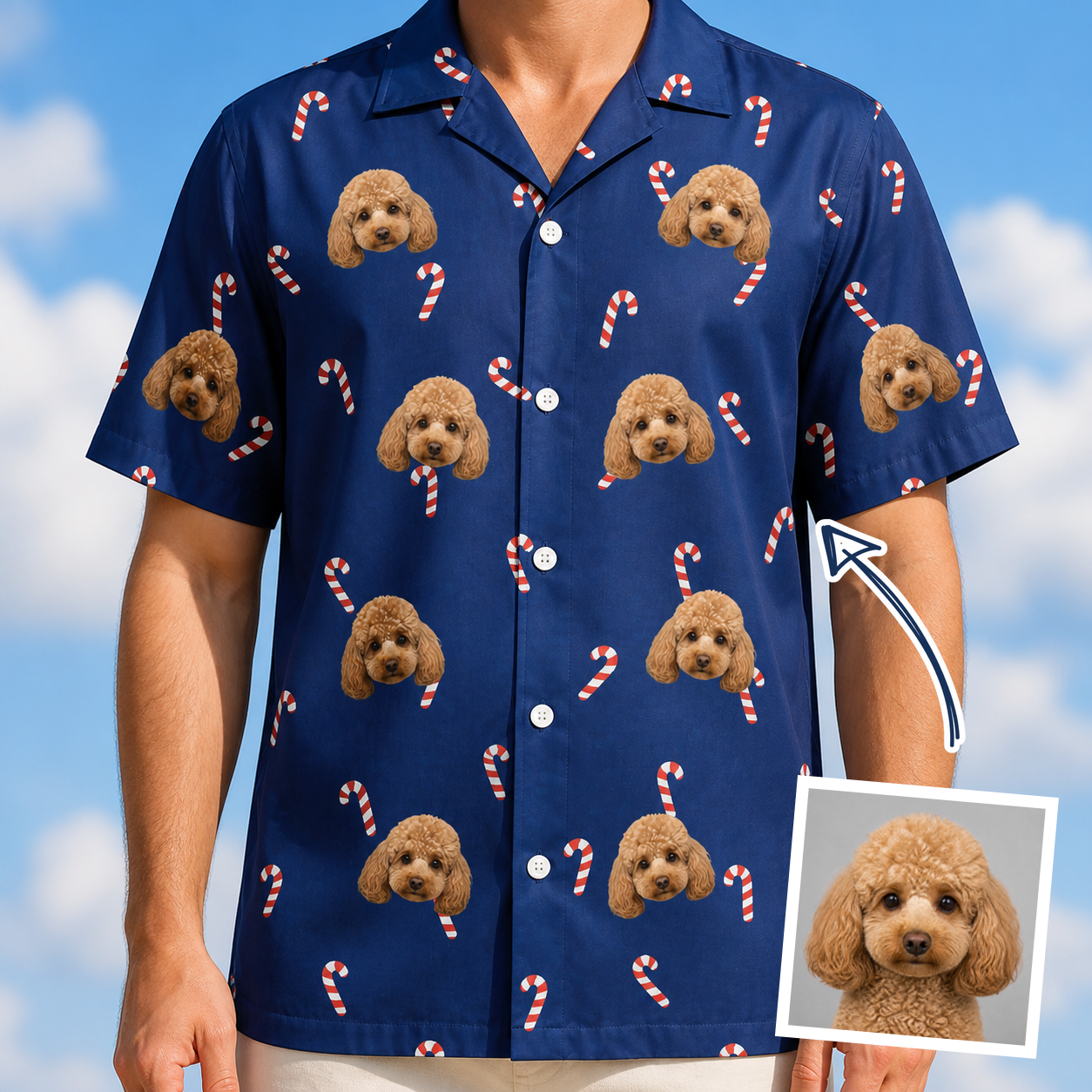 Man wearing Men's Peppermint Pizzazz Custom Dog Face Hawaiian Shirt — custom faces printed all-over