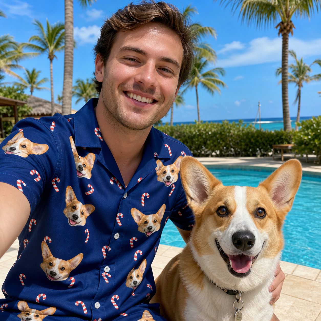 Selfie with the pet whose face is printed all over this Men's Peppermint Pizzazz Custom Dog Face Hawaiian Shirt