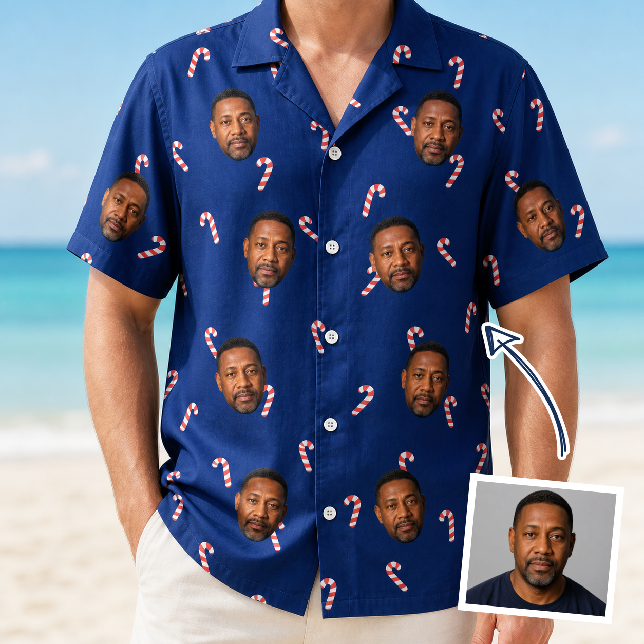 Man wearing Men's Peppermint Pizzazz Custom Face Hawaiian Shirt — custom faces printed all-over