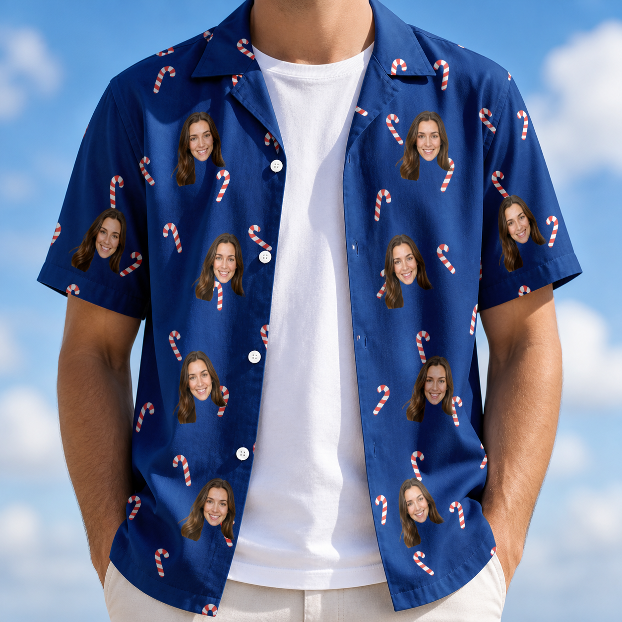Man wearing Men's Peppermint Pizzazz Custom Face Hawaiian Shirt open over a white tee