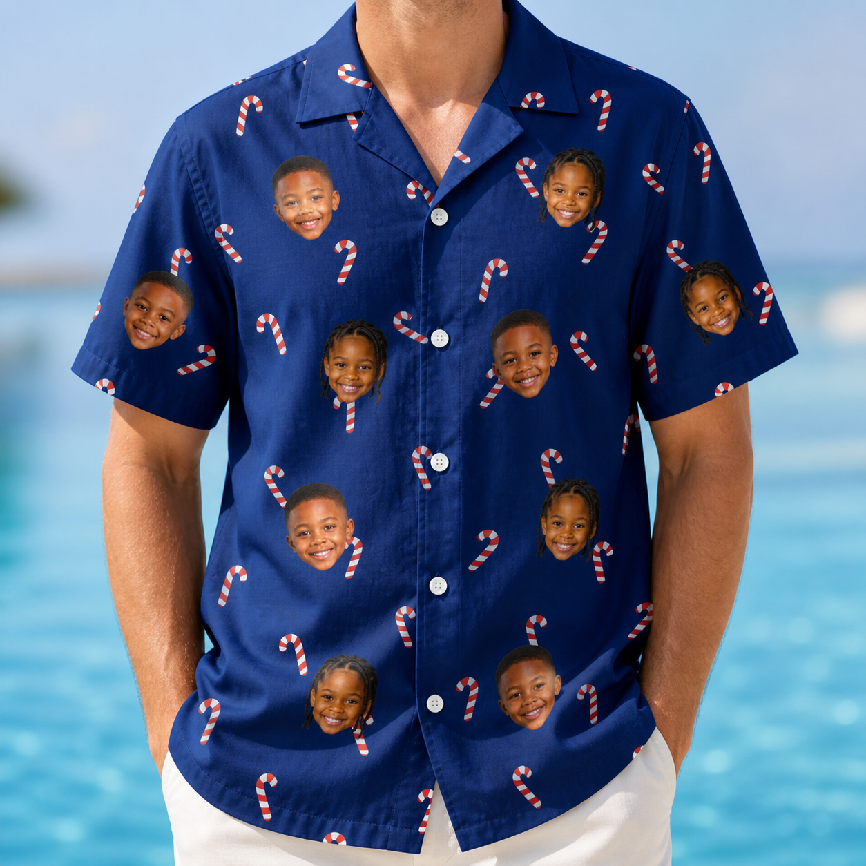 Model wearing Men's Peppermint Pizzazz Custom Face Hawaiian Shirt printed with kids' faces