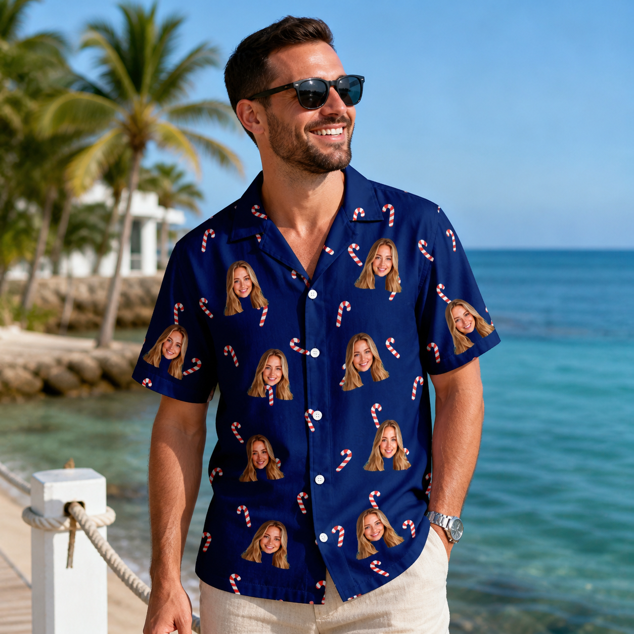 Real-life photo of someone wearing Men's Peppermint Pizzazz Custom Face Hawaiian Shirt — custom faces printed all-over