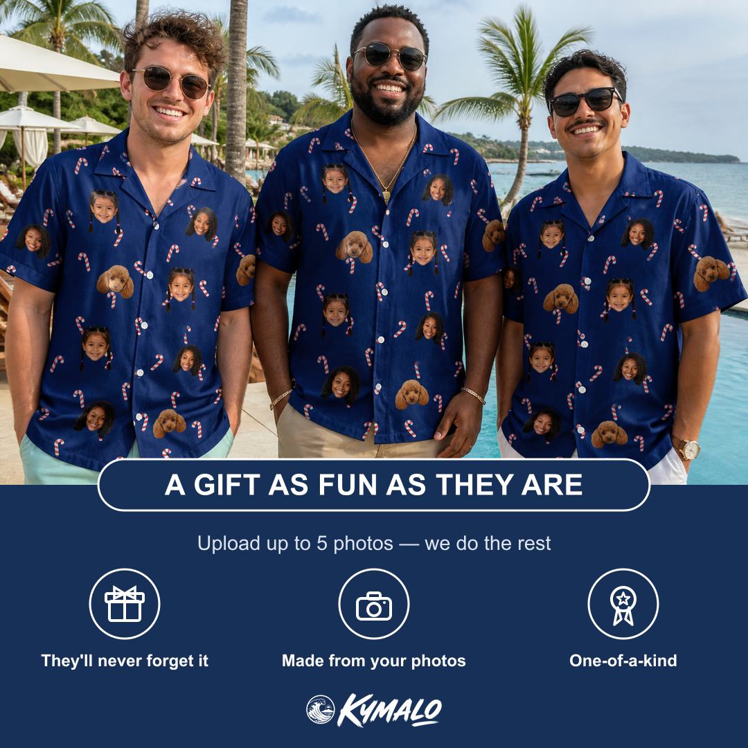 Friends in matching Men's Peppermint Pizzazz Custom Face Hawaiian Shirt — a group gift photo