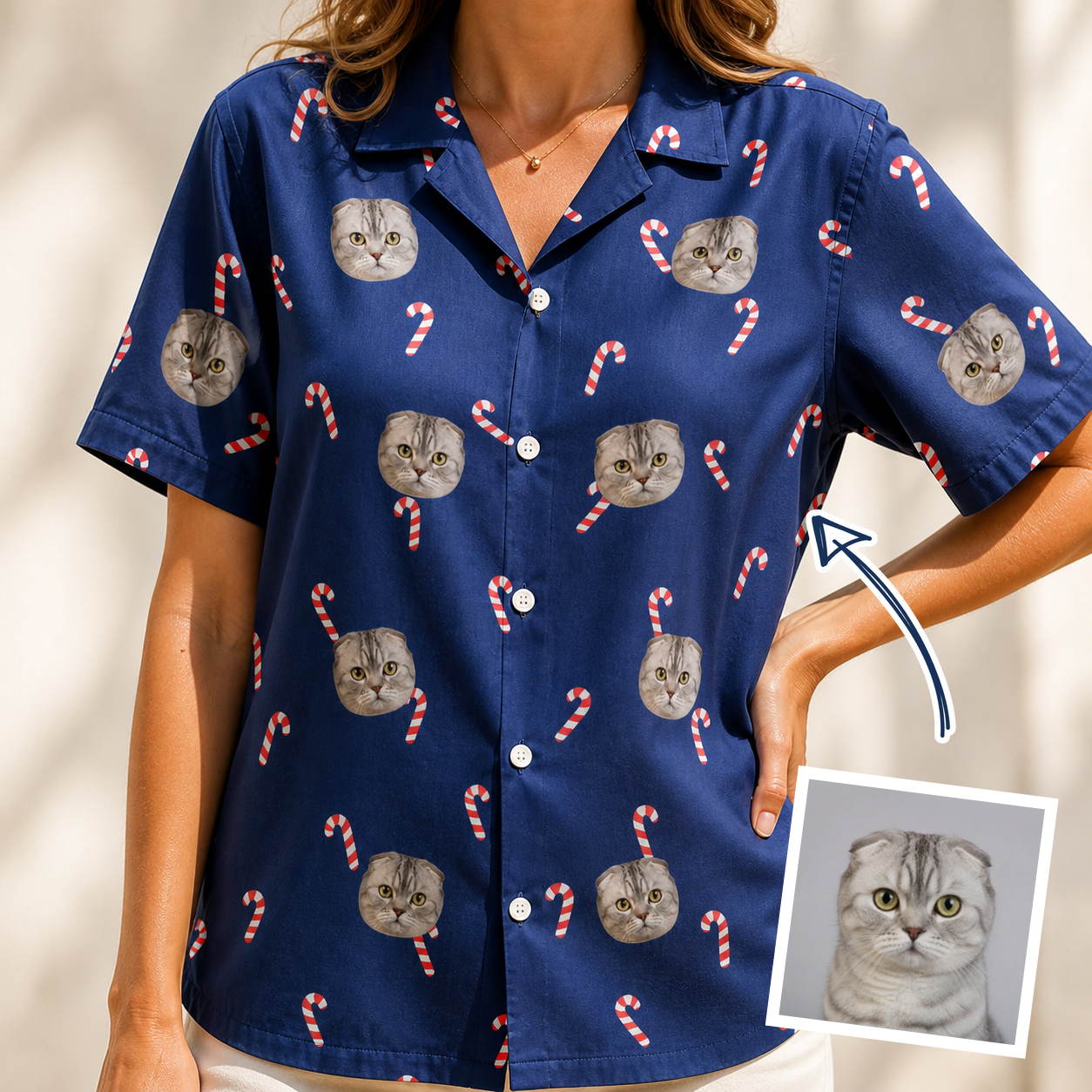 Woman wearing Women's Peppermint Pizzazz Custom Cat Face Hawaiian Shirt — custom faces printed all-over