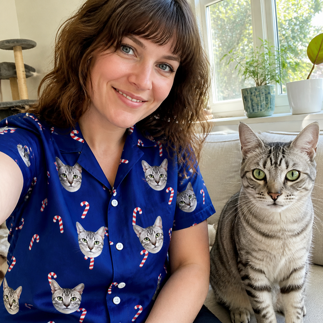 Selfie with the pet whose face is printed all over this Women's Peppermint Pizzazz Custom Cat Face Hawaiian Shirt