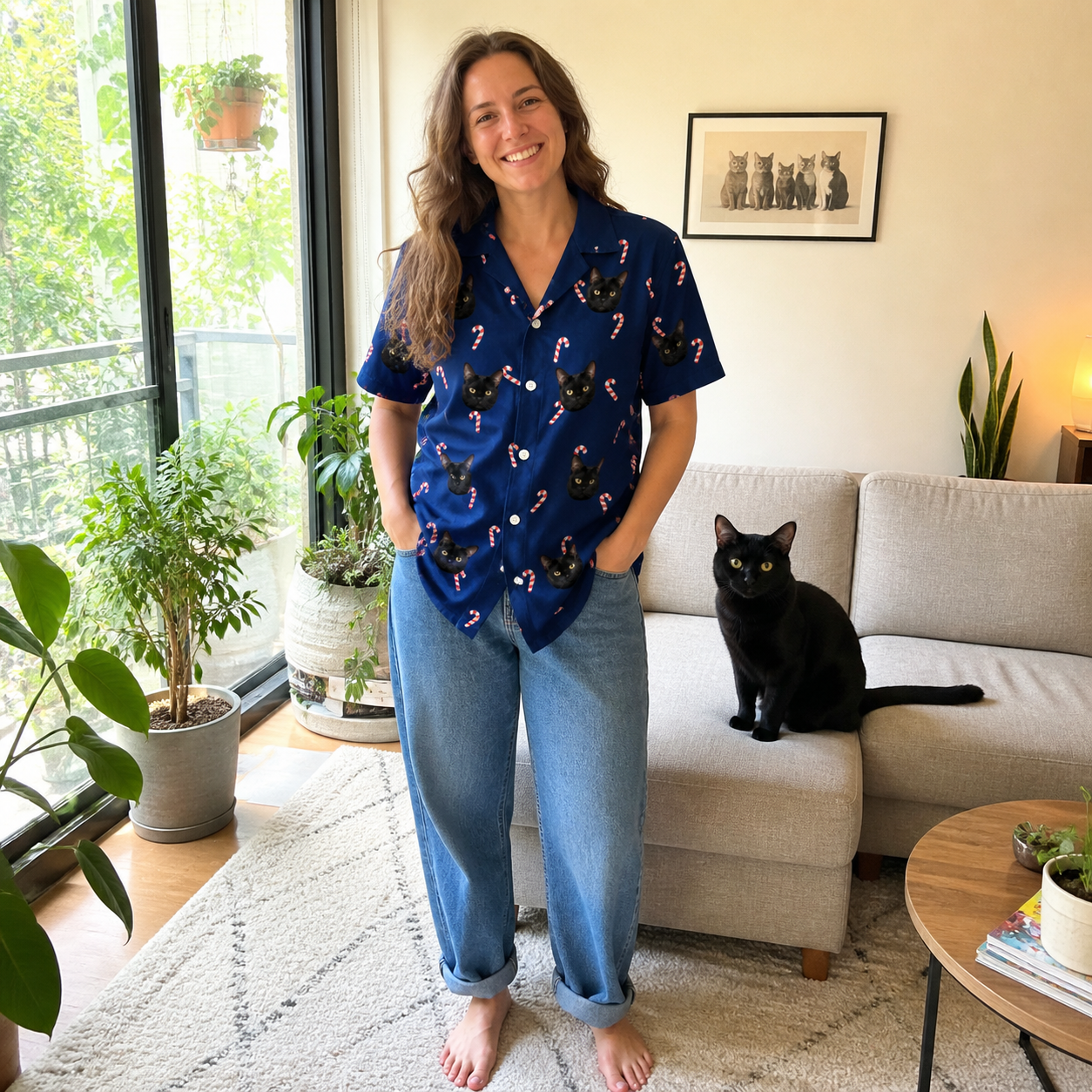 Full-length photo with the pet printed all over this Women's Peppermint Pizzazz Custom Cat Face Hawaiian Shirt