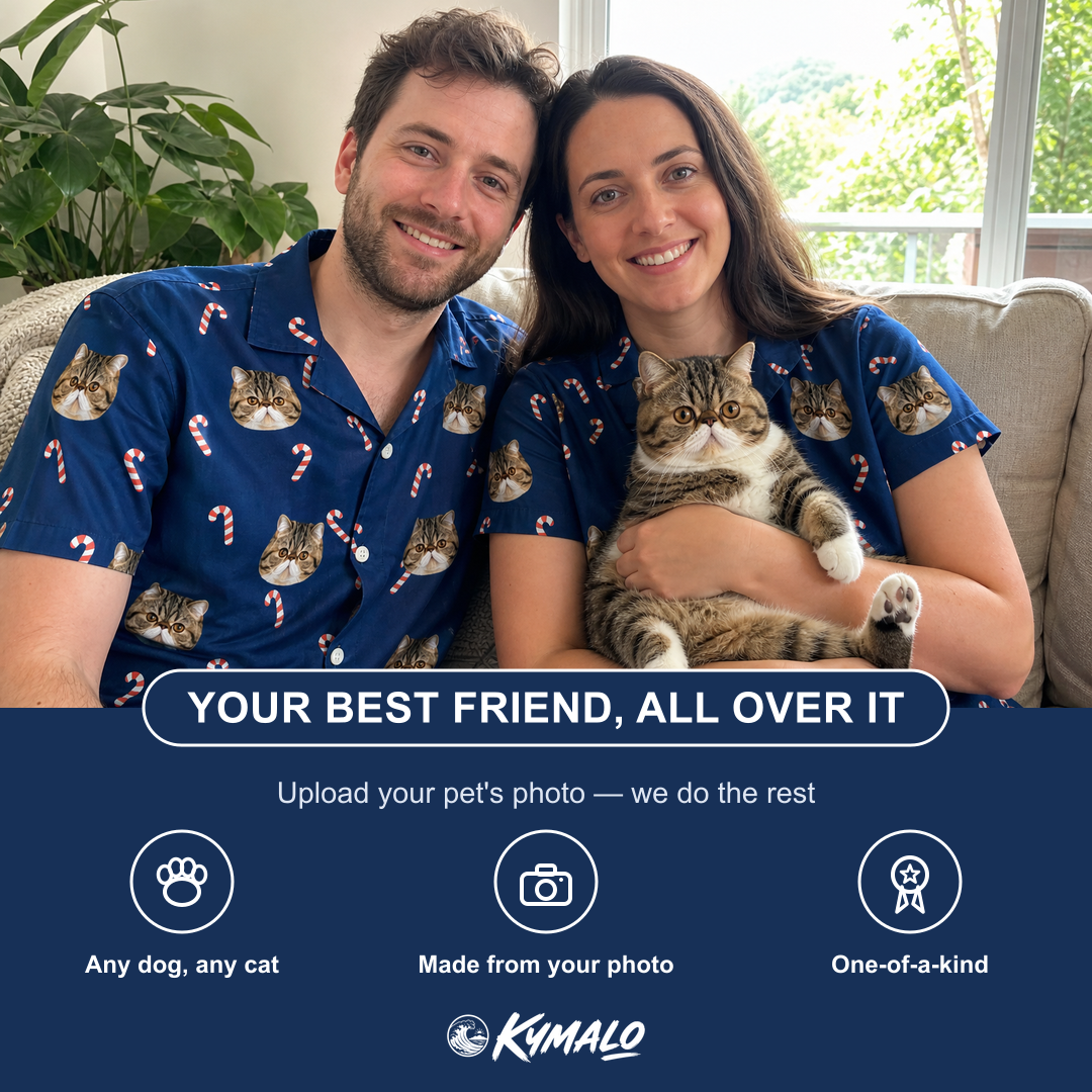 Friends in matching Women's Peppermint Pizzazz Custom Cat Face Hawaiian Shirt — a group gift photo
