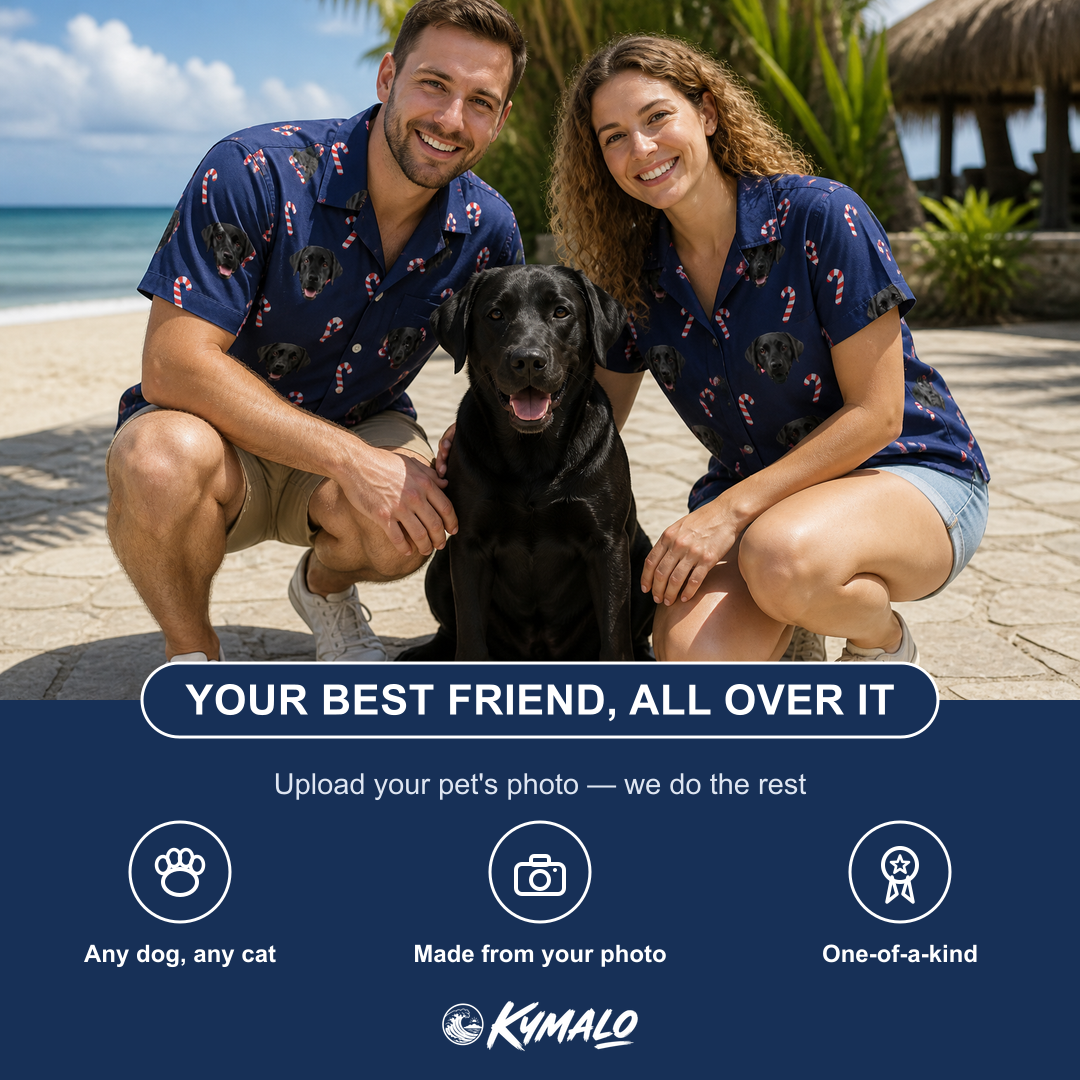 Friends in matching Women's Peppermint Pizzazz Custom Dog Face Hawaiian Shirt — a group gift photo
