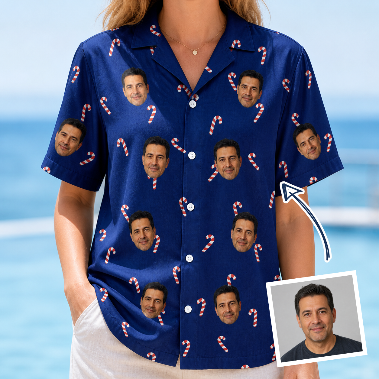 Woman wearing Women's Peppermint Pizzazz Custom Face Hawaiian Shirt — custom faces printed all-over