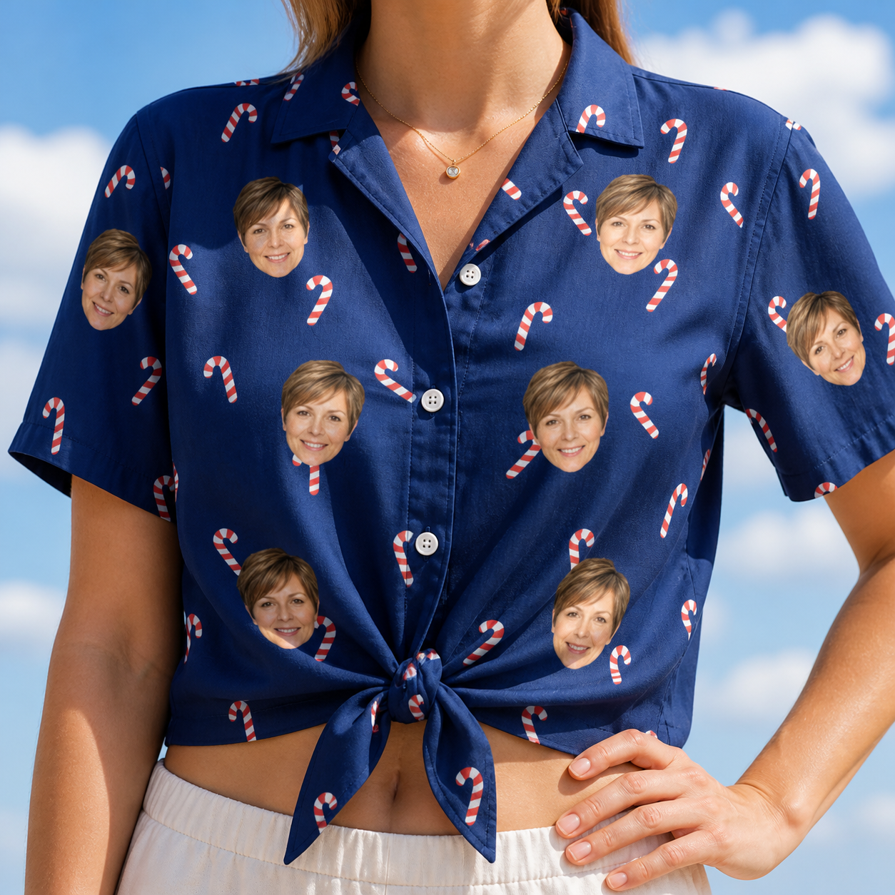 Woman wearing Women's Peppermint Pizzazz Custom Face Hawaiian Shirt tied at the waist