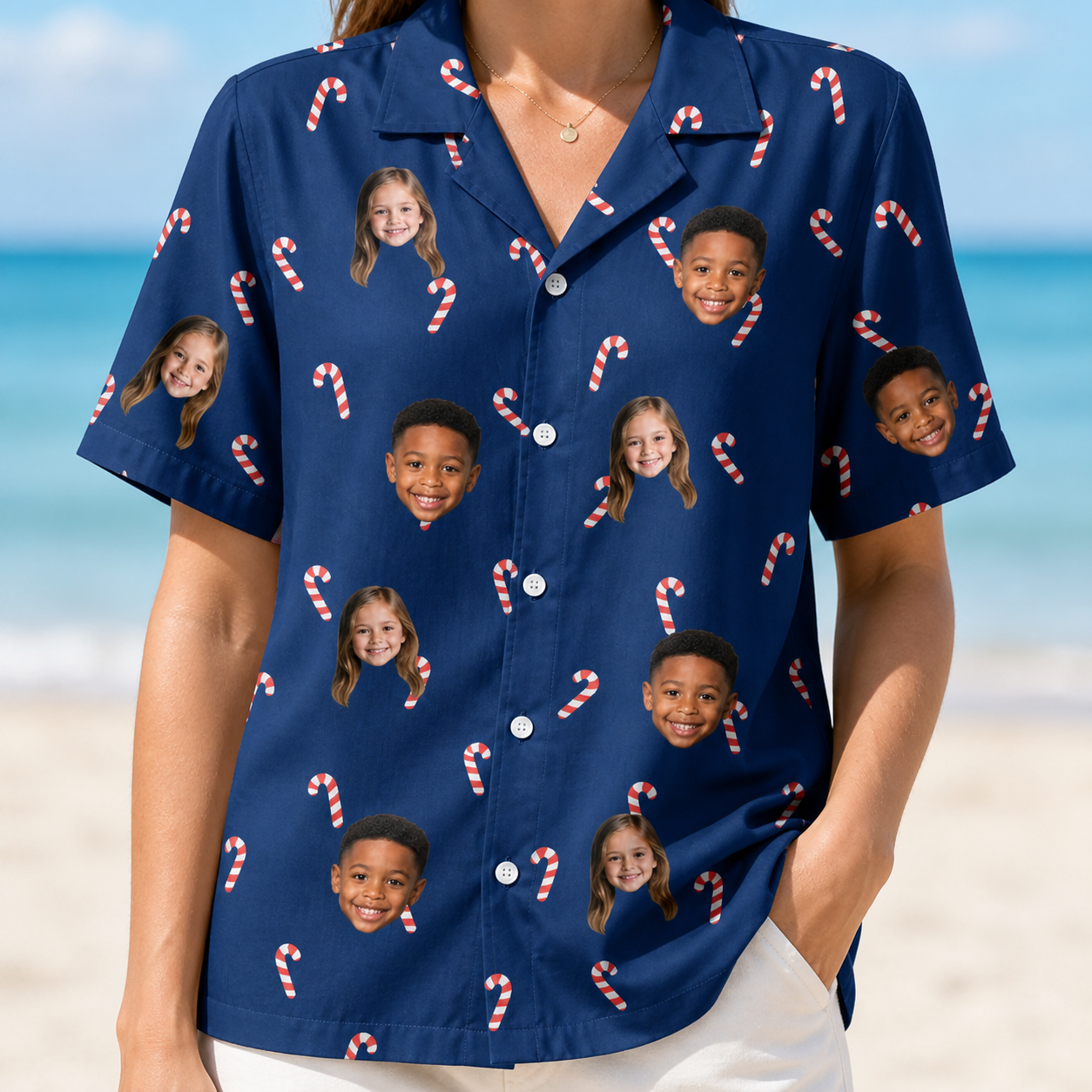 Model wearing Women's Peppermint Pizzazz Custom Face Hawaiian Shirt printed with kids' faces