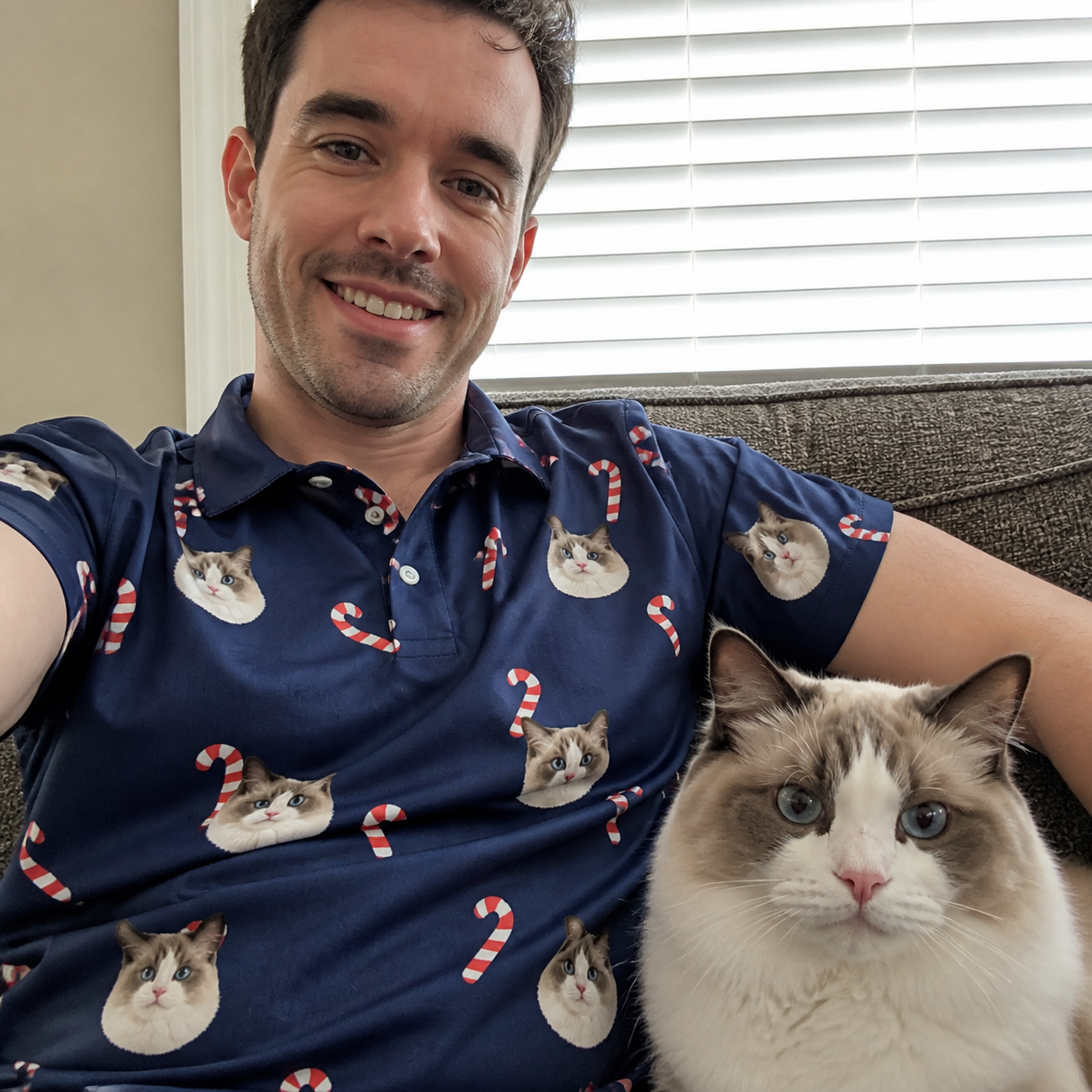 Selfie with the pet whose face is printed all over this Men's Peppermint Pizzazz Custom Cat Face Polo Shirt