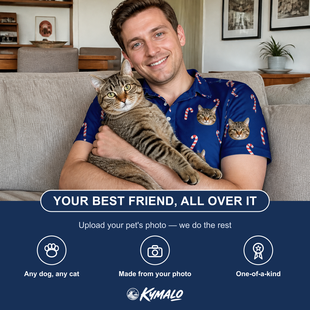 Friends in matching Men's Peppermint Pizzazz Custom Cat Face Polo Shirt — a group gift photo