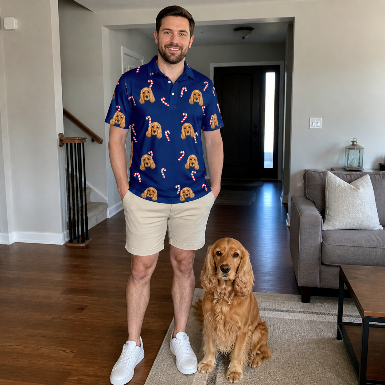 Full-length photo with the pet printed all over this Men's Peppermint Pizzazz Custom Dog Face Polo Shirt