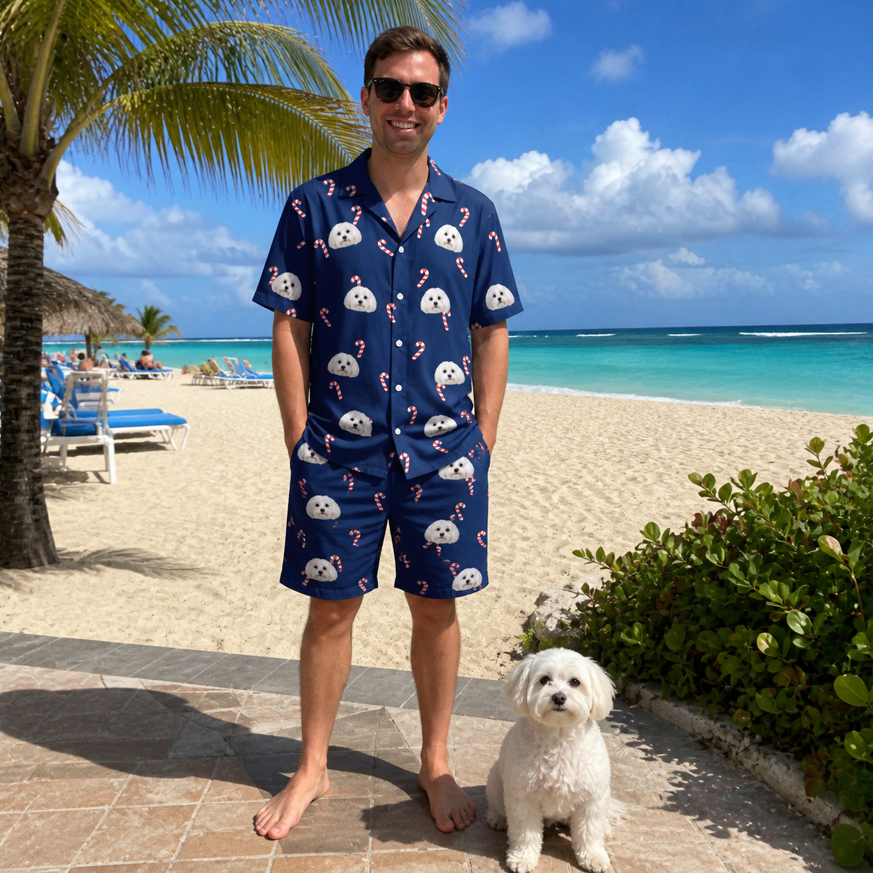 Full-length photo with the pet printed all over this Men's Peppermint Pizzazz Custom Dog Face Shirt & Shorts Set