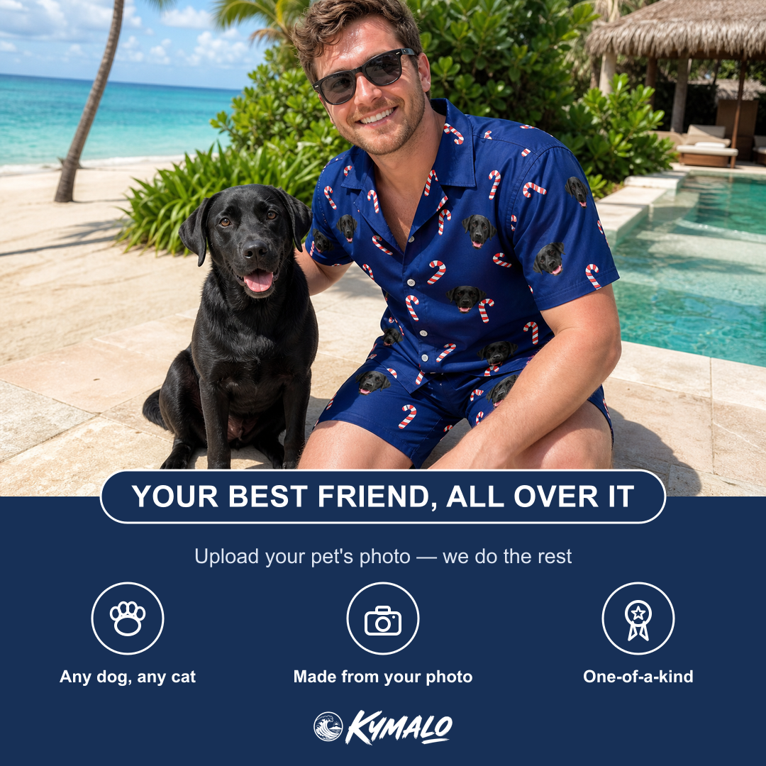 Friends in matching Men's Peppermint Pizzazz Custom Dog Face Shirt & Shorts Set — a group gift photo
