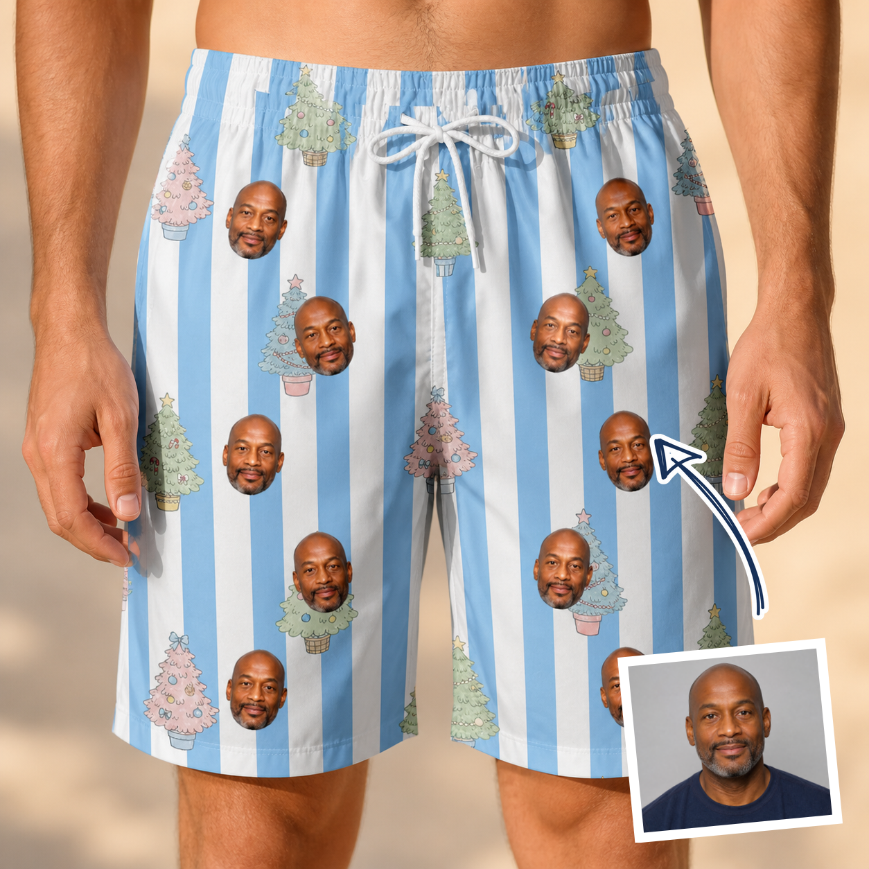 Man wearing Men's Bauble Ballet Custom Face Beach Shorts — custom faces printed all-over