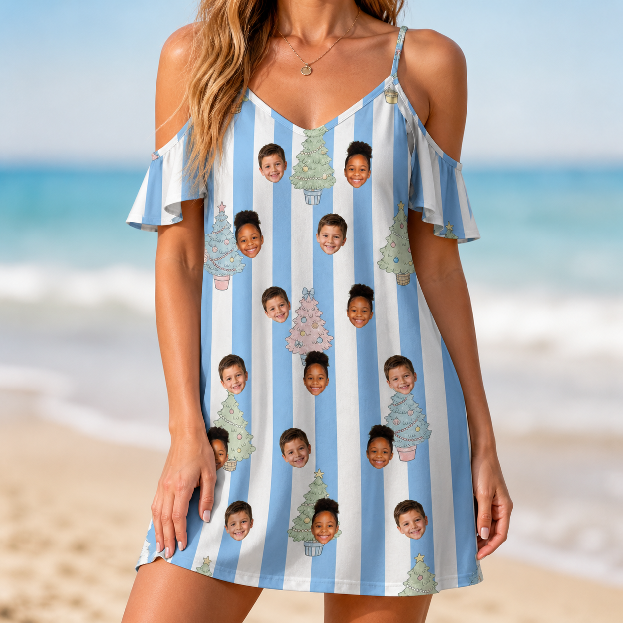 Model wearing Women's Bauble Ballet Custom Face Off-Shoulder Dress printed with kids' faces
