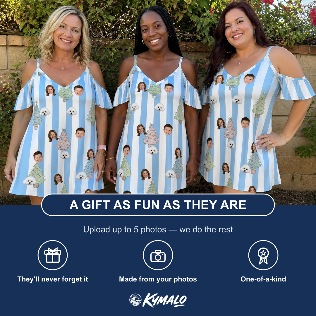 Friends in matching Women's Bauble Ballet Custom Face Off-Shoulder Dress — a group gift photo