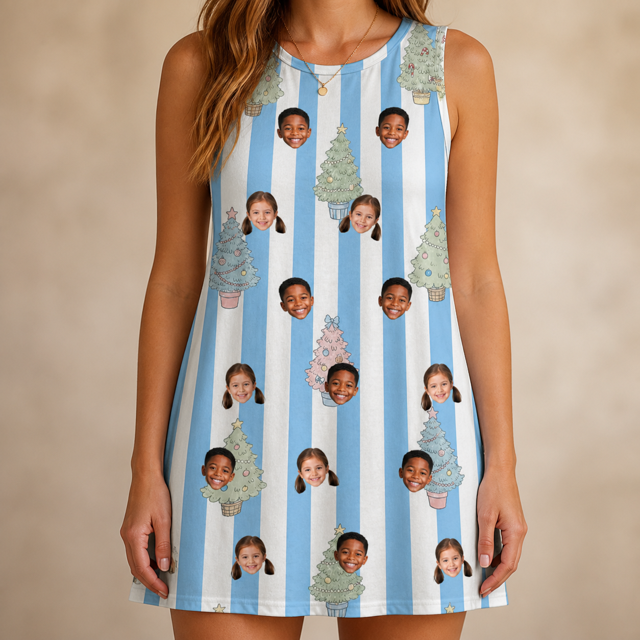 Model wearing Women's Bauble Ballet Custom Face Tank Dress printed with kids' faces