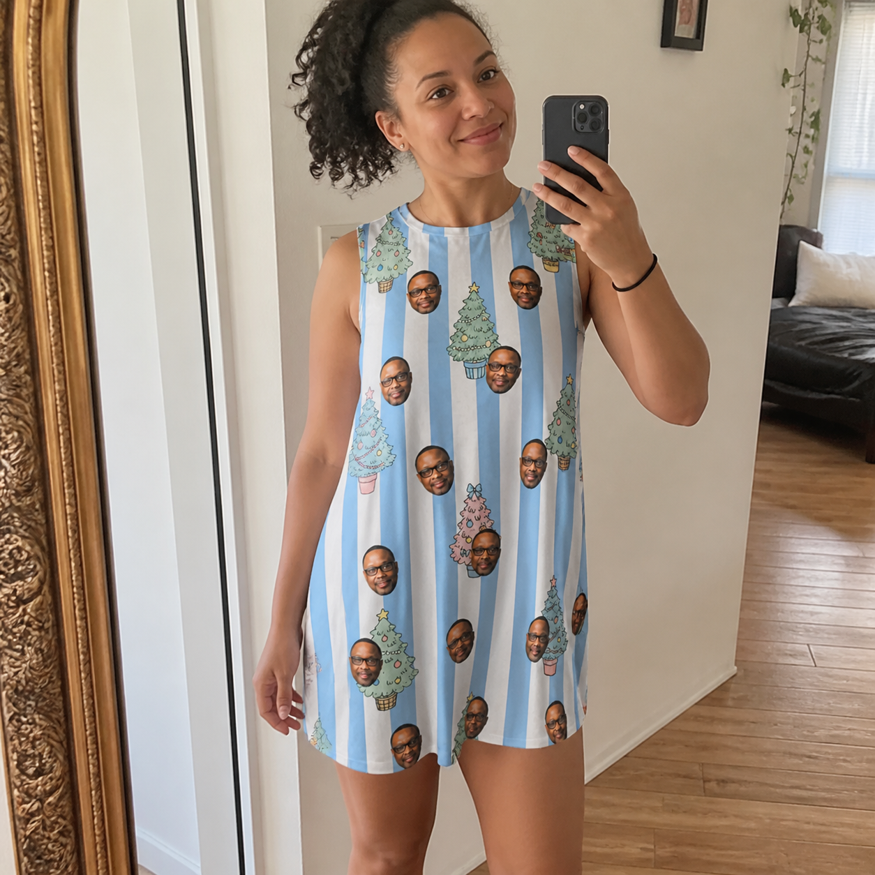 Real-life photo of someone wearing Women's Bauble Ballet Custom Face Tank Dress — custom faces printed all-over