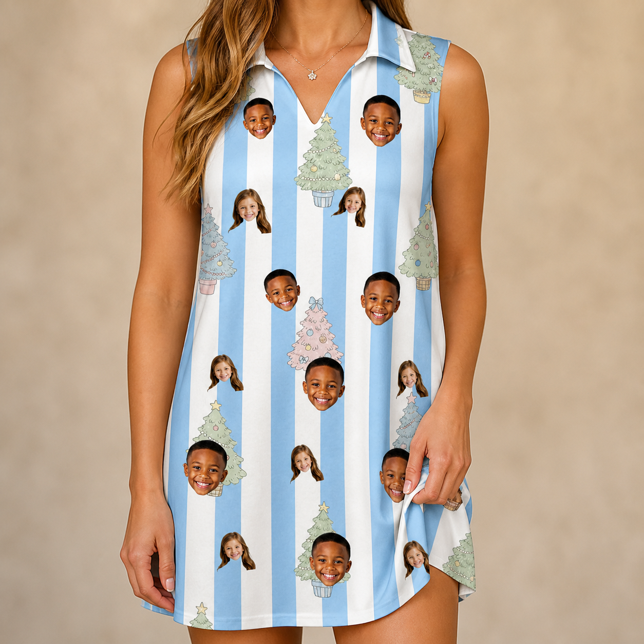 Model wearing Women's Bauble Ballet Custom Face V-Neck Dress printed with kids' faces