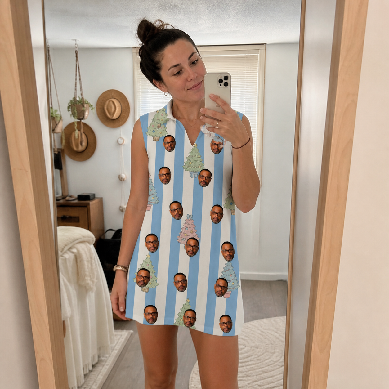 Real-life photo of someone wearing Women's Bauble Ballet Custom Face V-Neck Dress — custom faces printed all-over