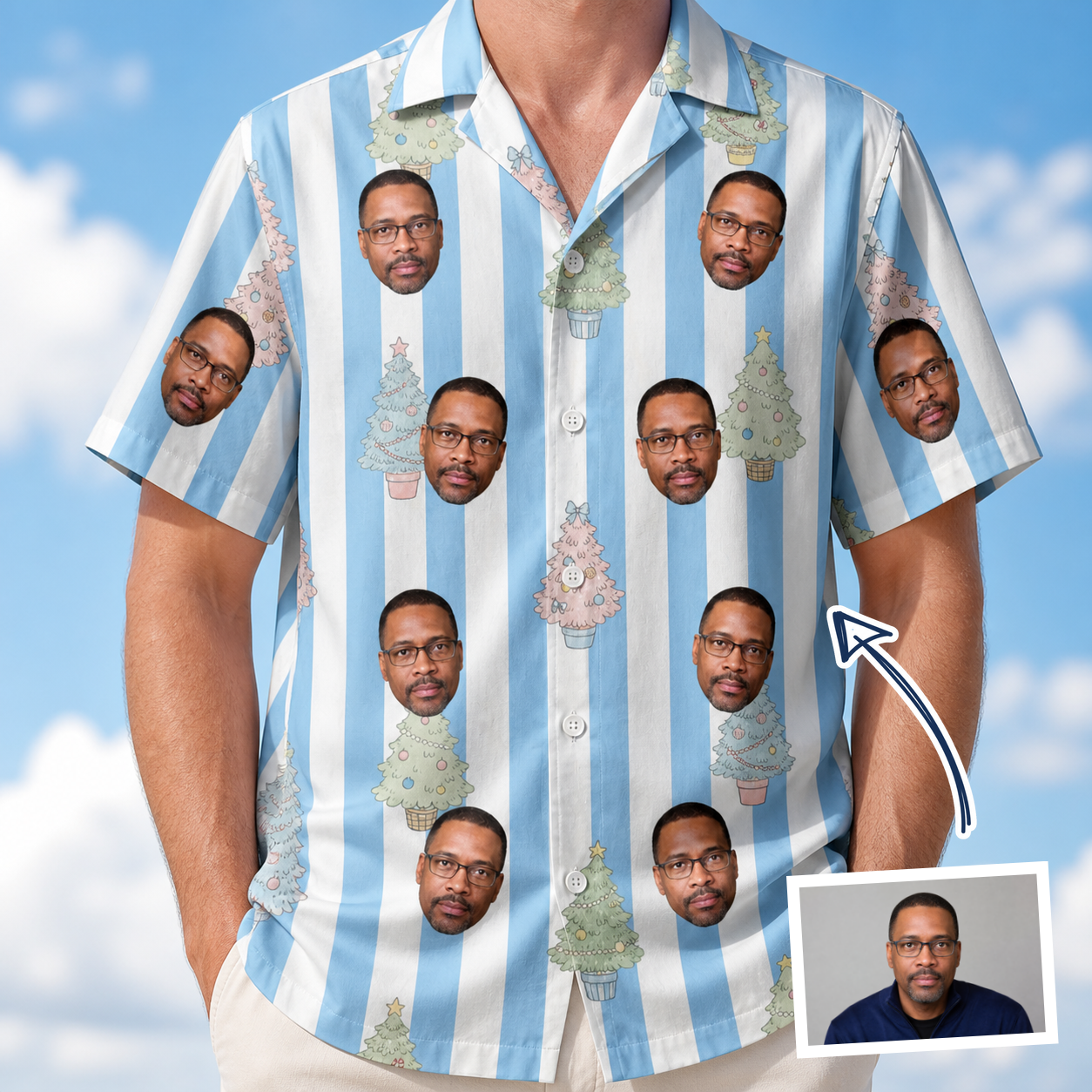 Man wearing Men's Bauble Ballet Custom Face Hawaiian Shirt — custom faces printed all-over