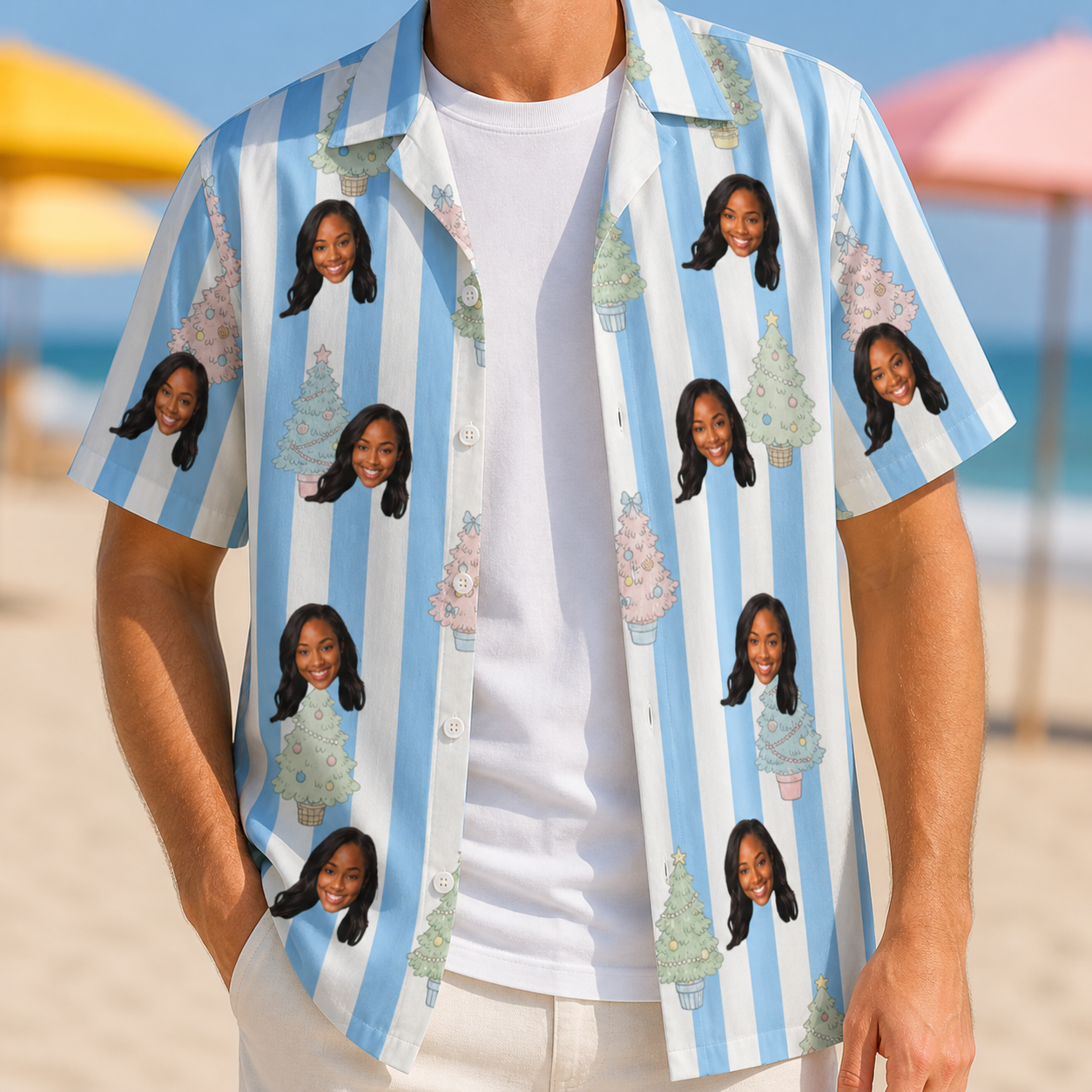 Man wearing Men's Bauble Ballet Custom Face Hawaiian Shirt open over a white tee