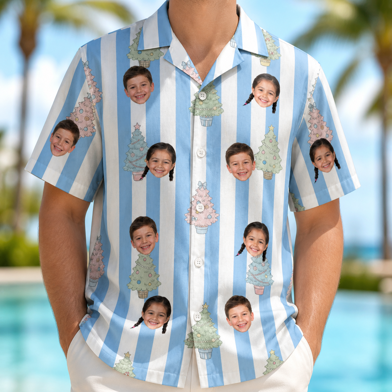 Model wearing Men's Bauble Ballet Custom Face Hawaiian Shirt printed with kids' faces