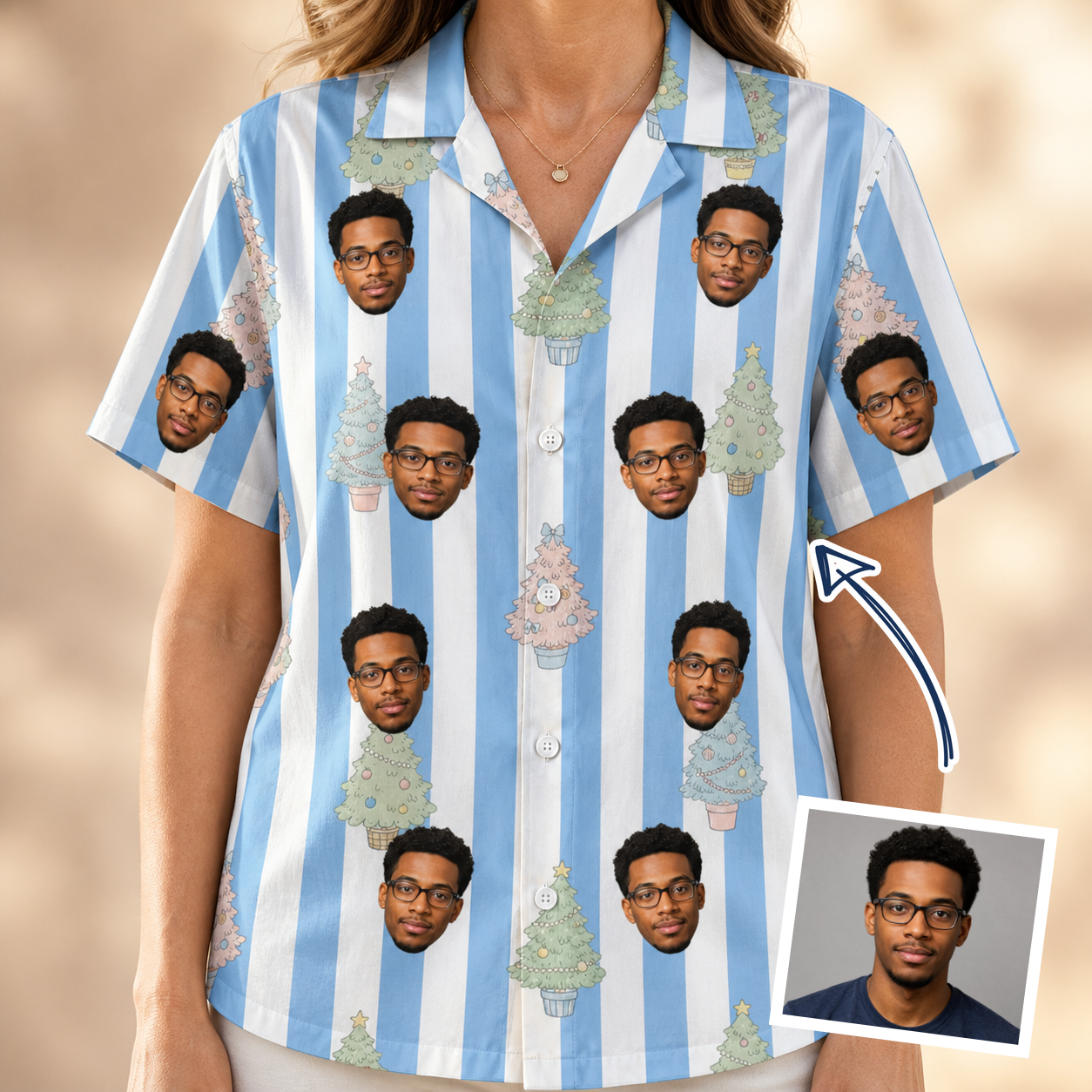 Woman wearing Women's Bauble Ballet Custom Face Hawaiian Shirt — custom faces printed all-over