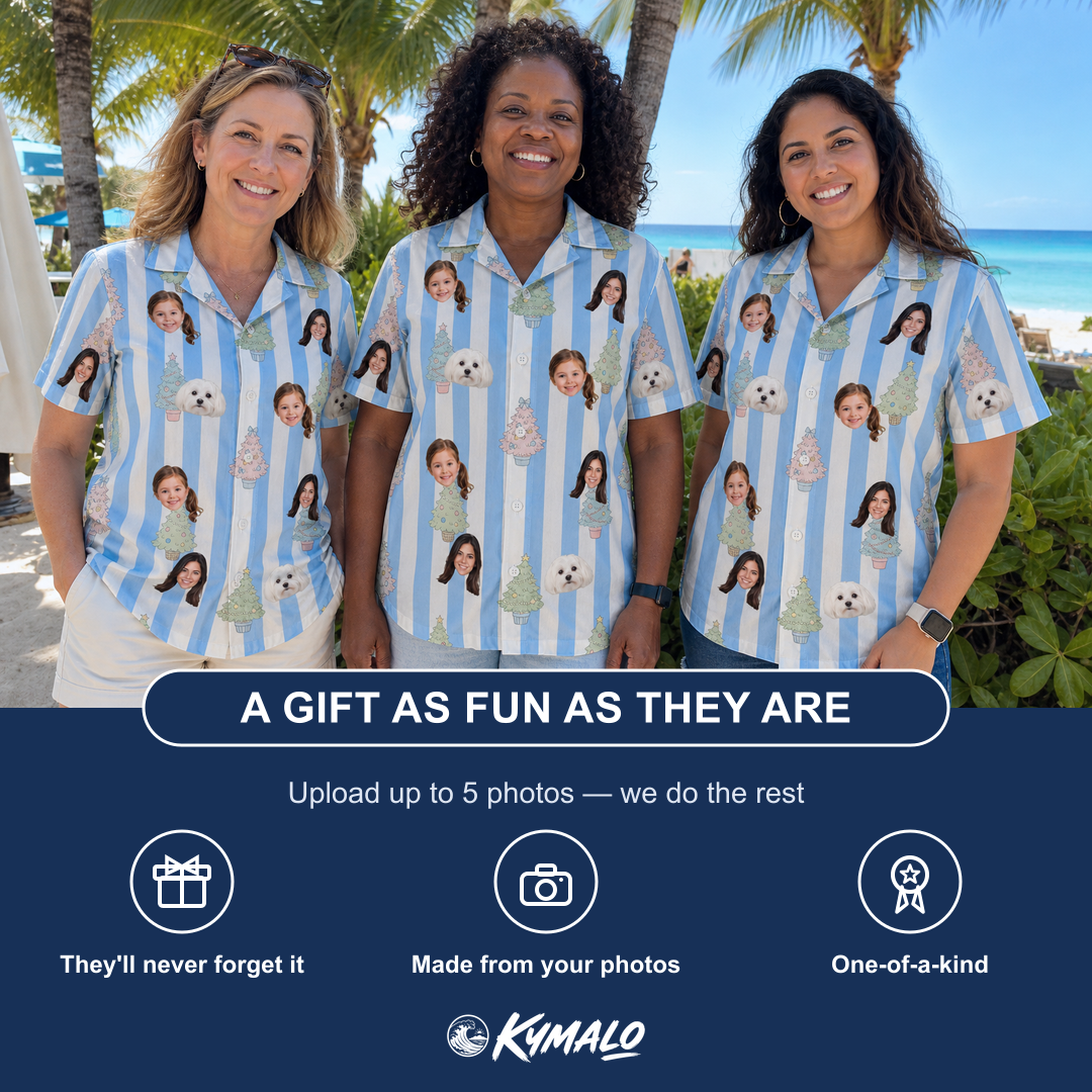 Friends in matching Women's Bauble Ballet Custom Face Hawaiian Shirt — a group gift photo