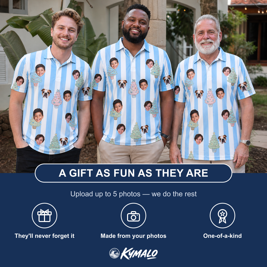 Friends in matching Men's Bauble Ballet Custom Face Polo Shirt — a group gift photo