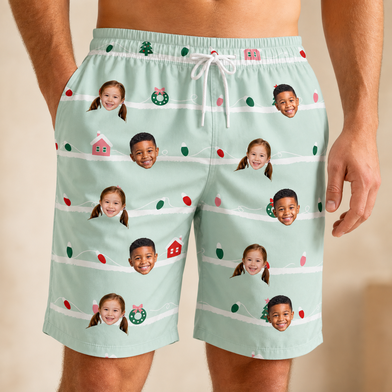 Model wearing Men's Neon Noel Custom Face Beach Shorts printed with kids' faces
