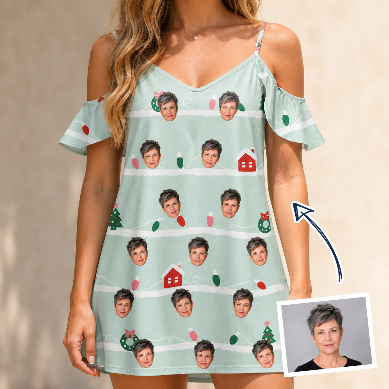 Woman wearing Women's Neon Noel Custom Face Off-Shoulder Dress — custom faces printed all-over
