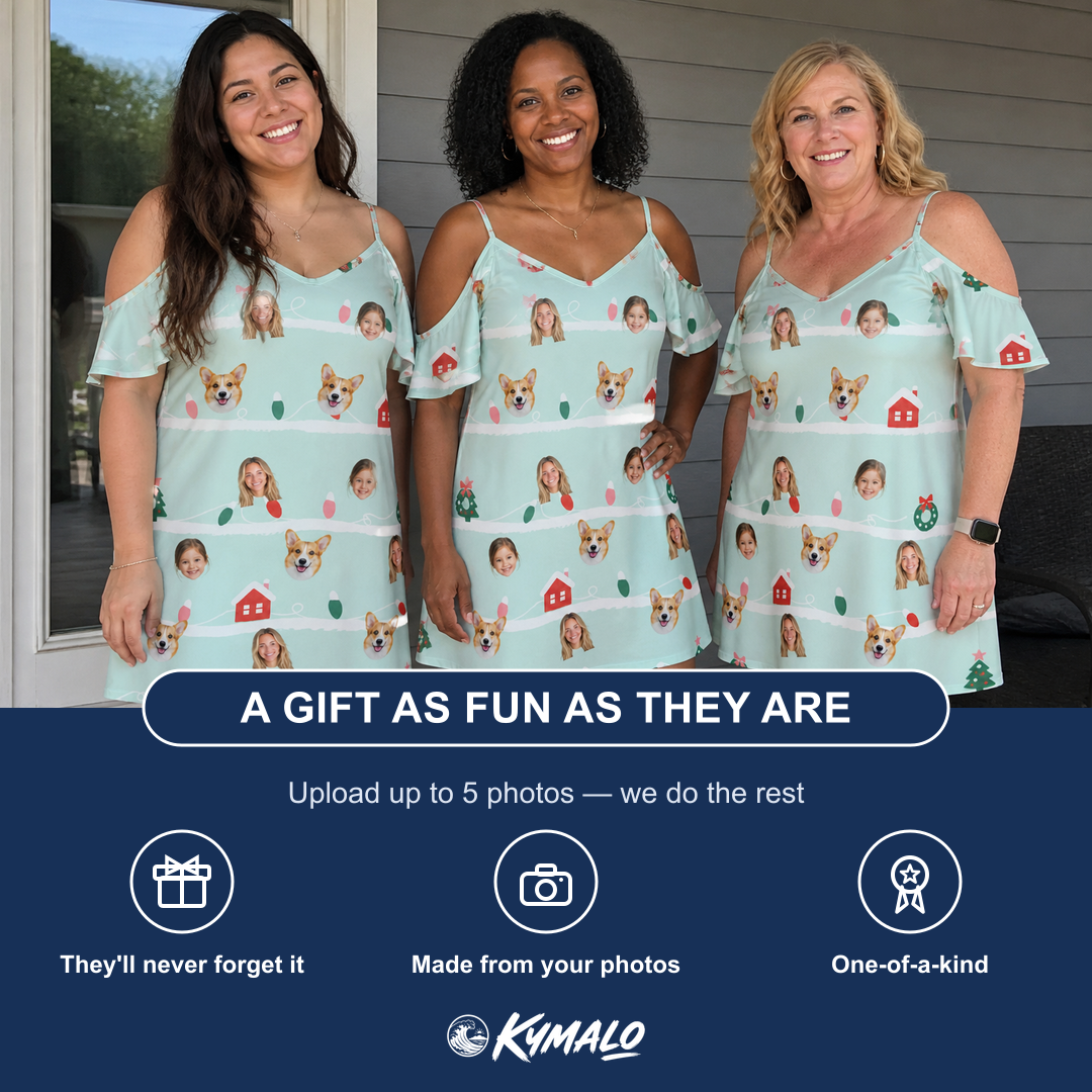 Friends in matching Women's Neon Noel Custom Face Off-Shoulder Dress — a group gift photo