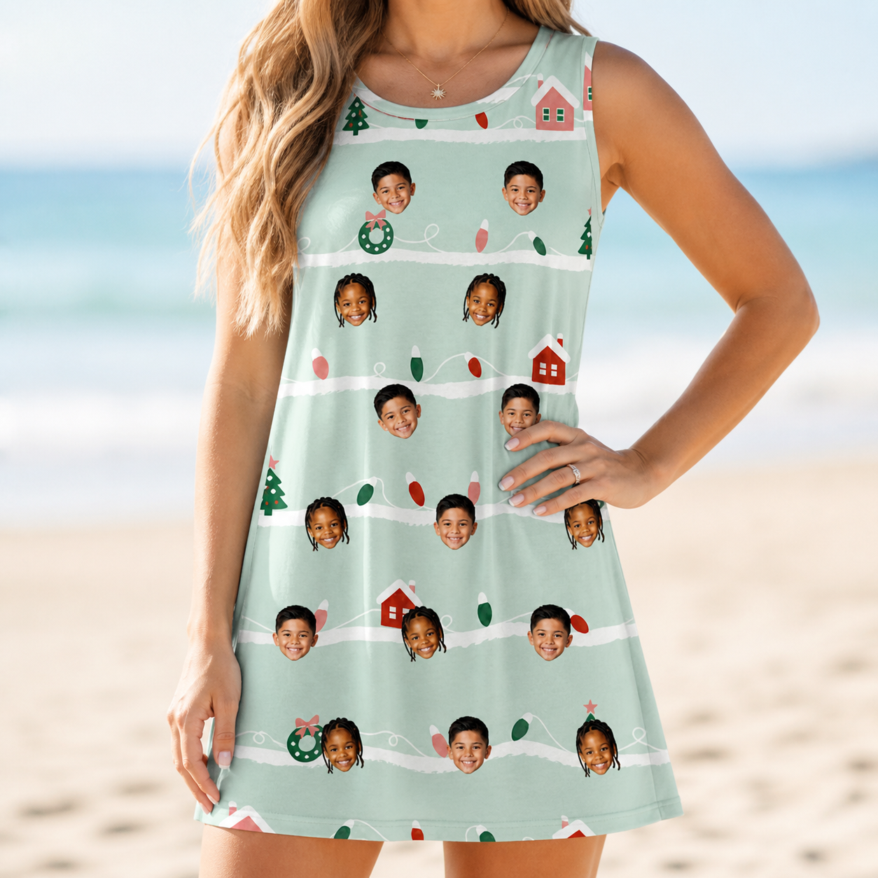 Model wearing Women's Neon Noel Custom Face Tank Dress printed with kids' faces
