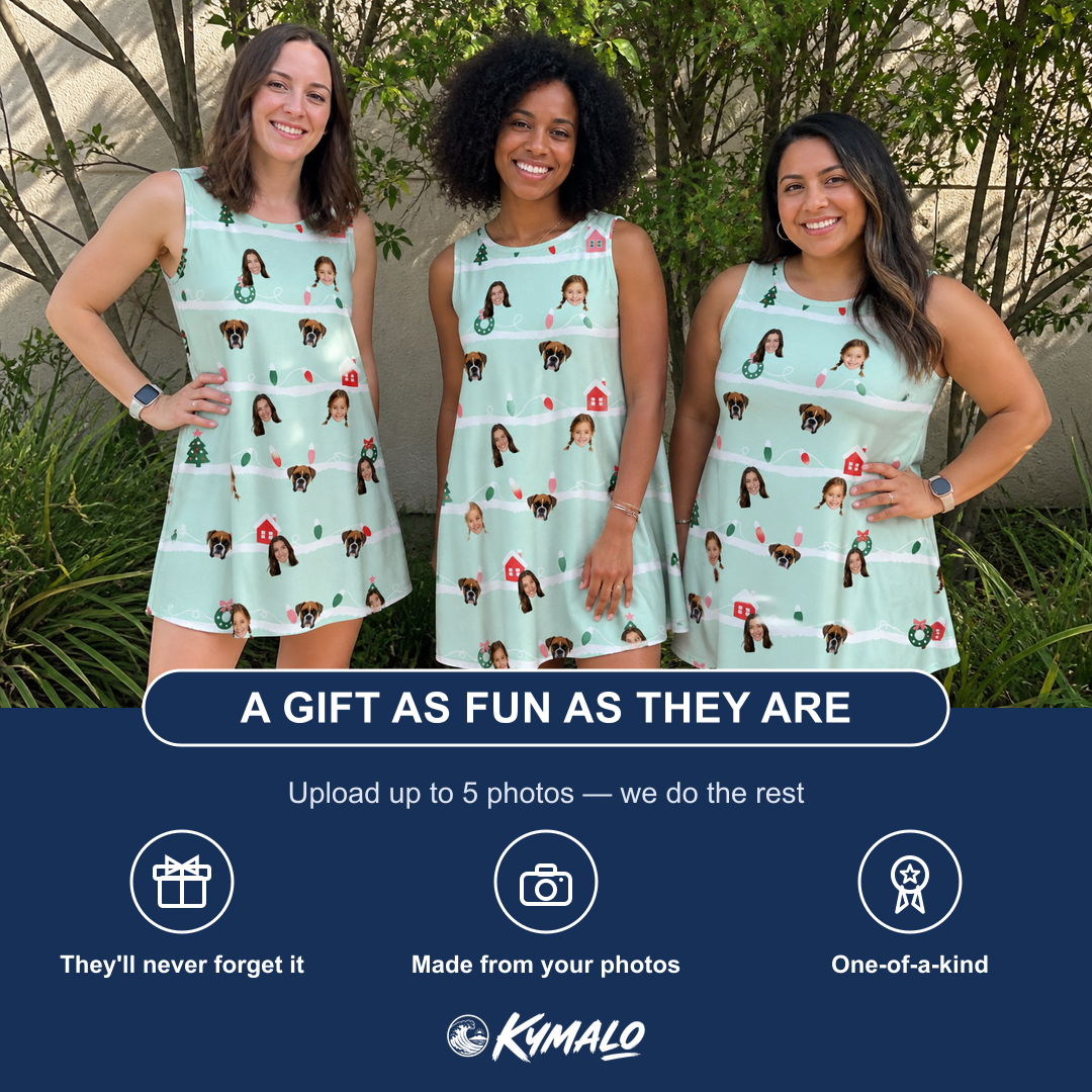 Friends in matching Women's Neon Noel Custom Face Tank Dress — a group gift photo