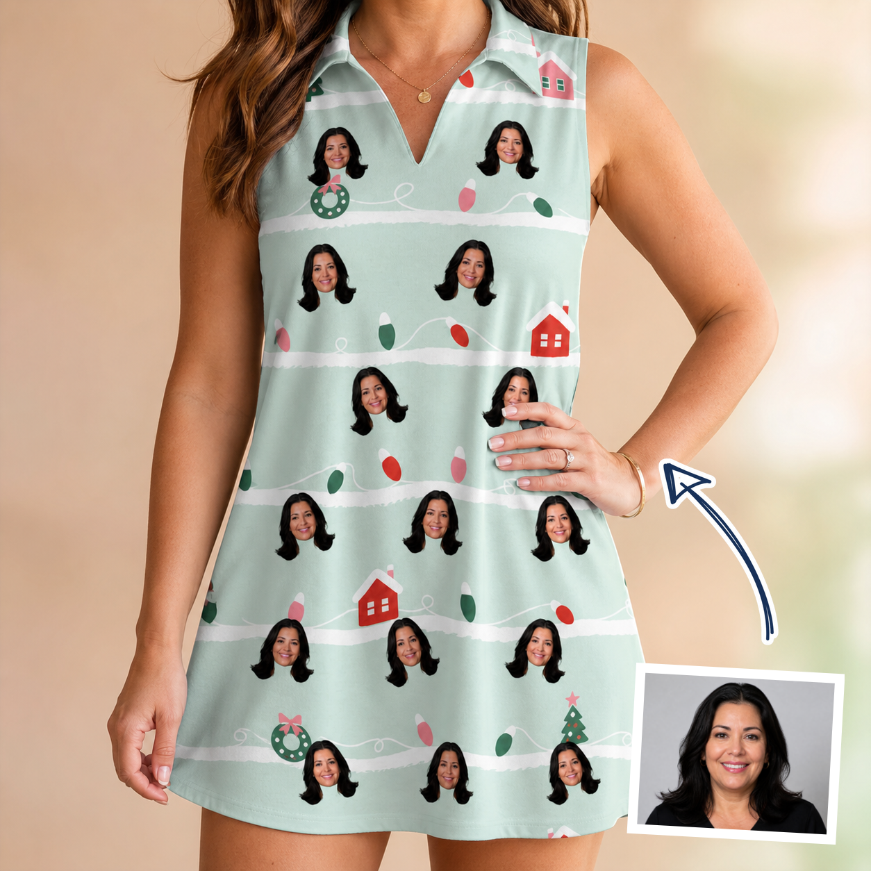 Woman wearing Women's Neon Noel Custom Face V-Neck Dress — custom faces printed all-over
