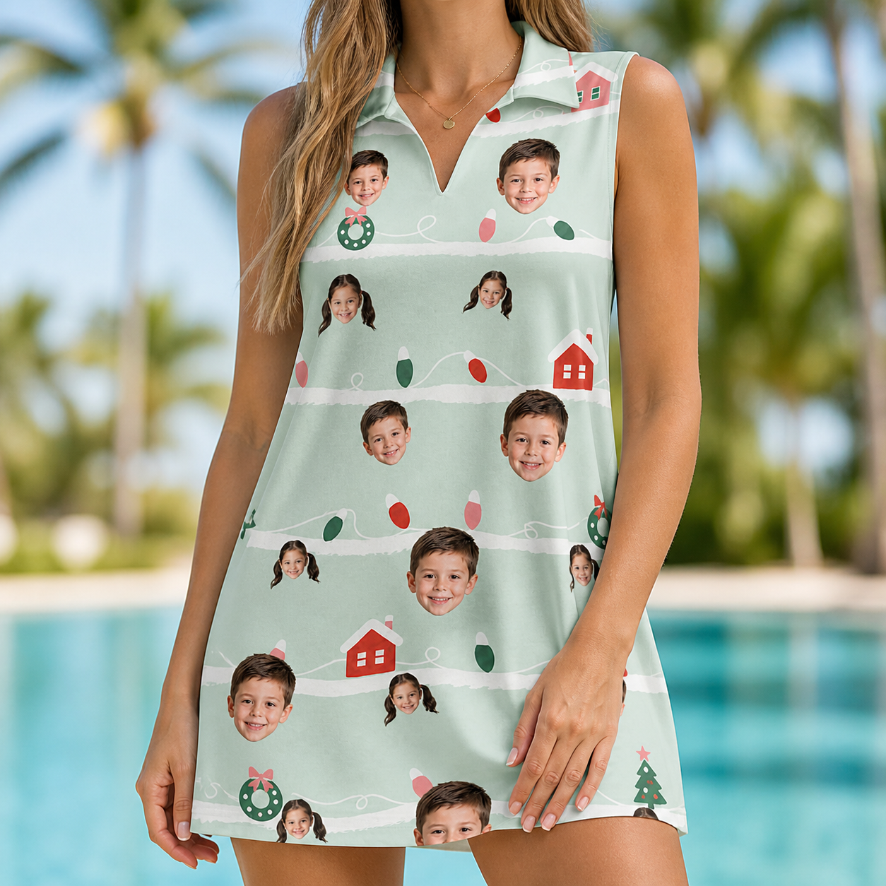Model wearing Women's Neon Noel Custom Face V-Neck Dress printed with kids' faces