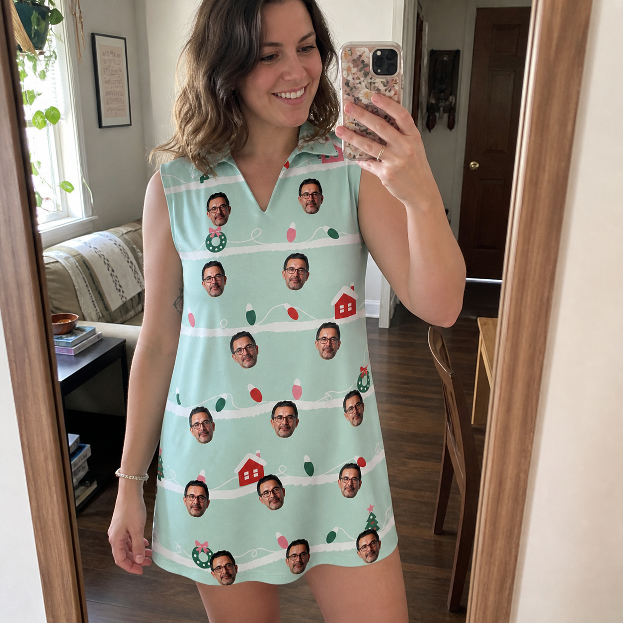 Real-life photo of someone wearing Women's Neon Noel Custom Face V-Neck Dress — custom faces printed all-over