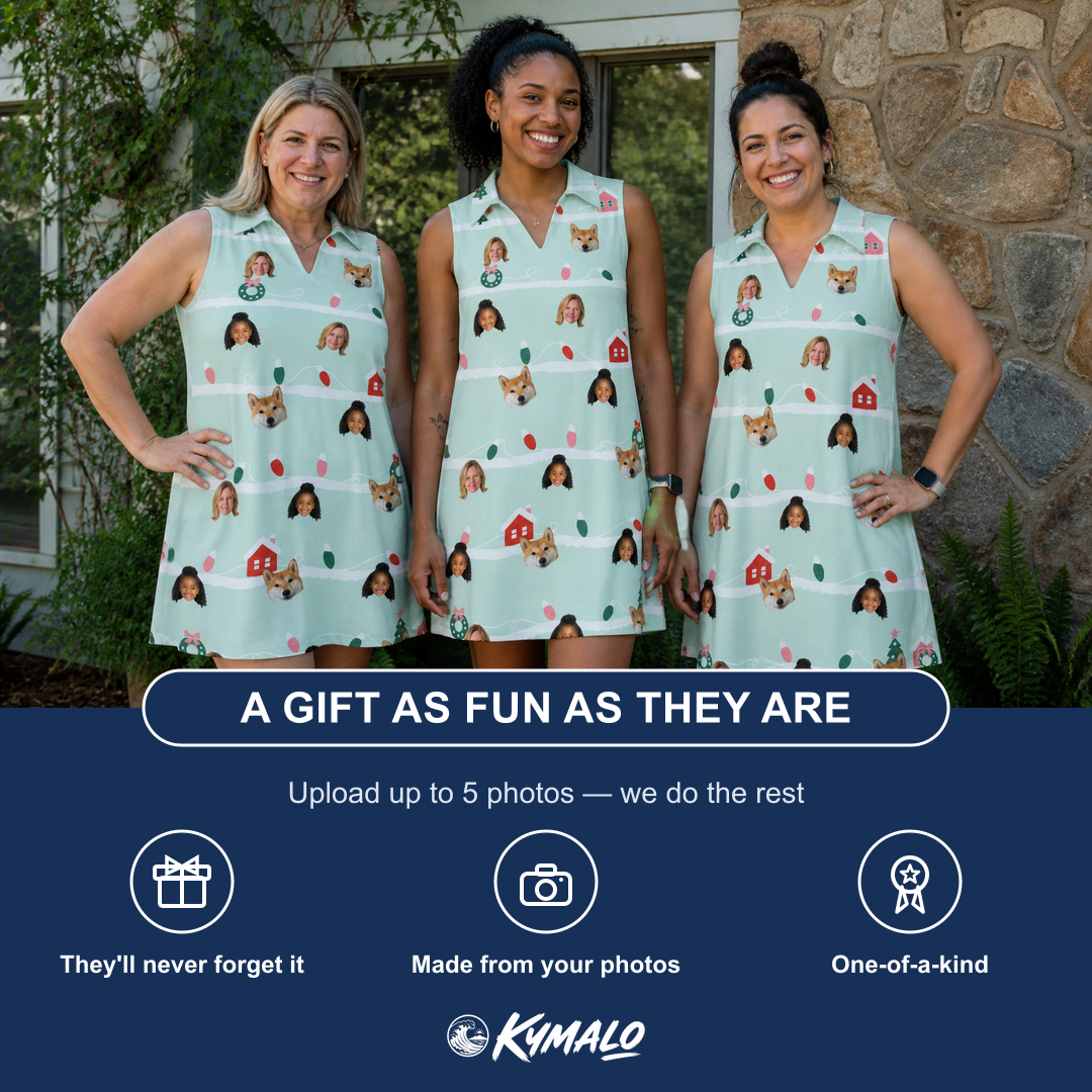 Friends in matching Women's Neon Noel Custom Face V-Neck Dress — a group gift photo