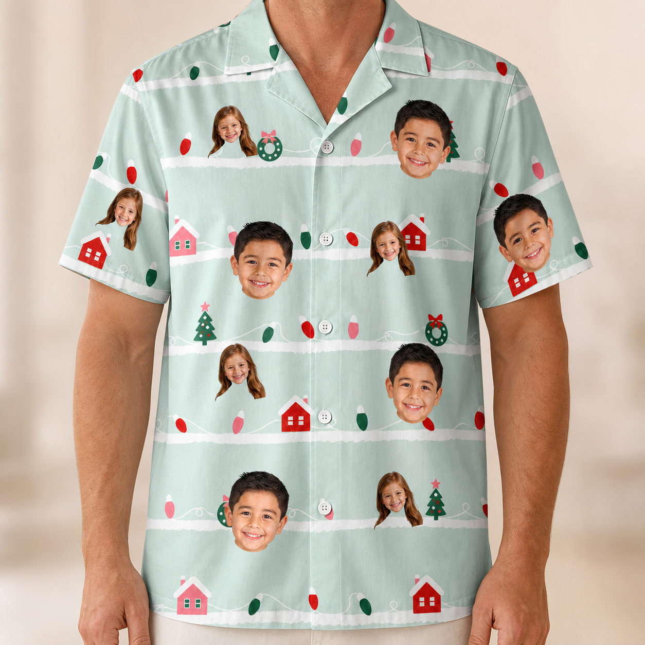 Model wearing Men's Neon Noel Custom Face Hawaiian Shirt printed with kids' faces