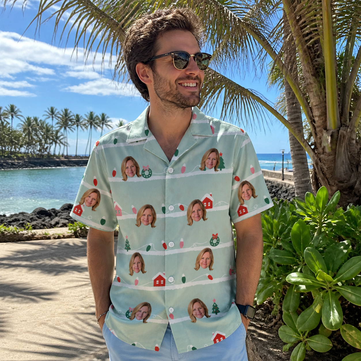 Real-life photo of someone wearing Men's Neon Noel Custom Face Hawaiian Shirt — custom faces printed all-over