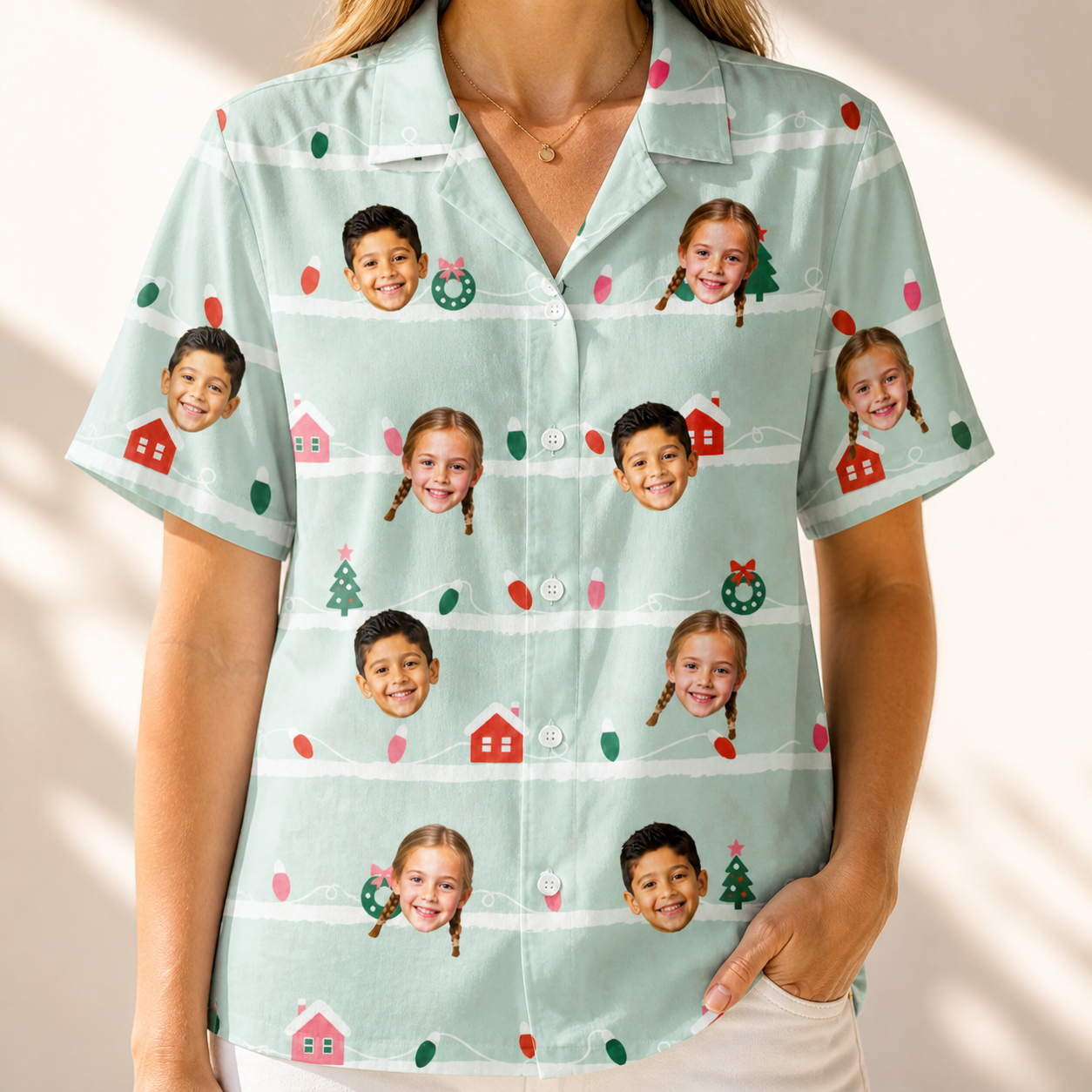 Model wearing Women's Neon Noel Custom Face Hawaiian Shirt printed with kids' faces